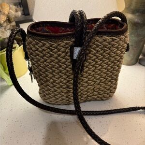 Super cute Brighton crossbody bag, tan and green weave.